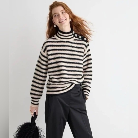 J. Crew Sweaters - J. Crew Women’s Striped Black & Cream Mockneck Sweater Jewel Button Detail Small